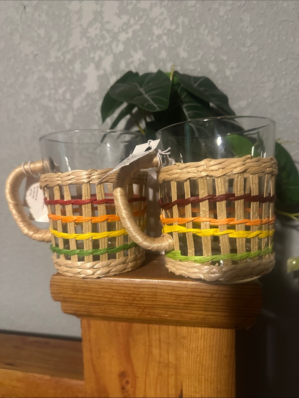 Woven Rattan Glass Mug with Multicolor Accent - Natural